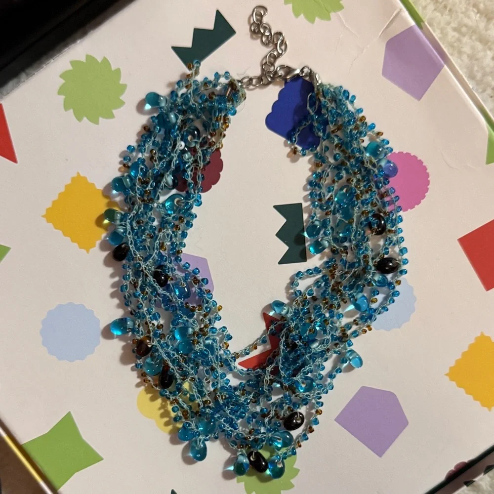 Blue Glass Beaded Multi-Strand Adjustable Necklace
